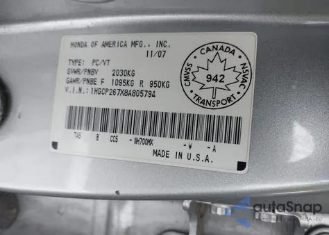 2008 Honda Accord 2.4 Ex из США, поврежденный, VIN 1HGCP267X8A805794